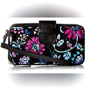 Vera Bradley Bramble Black Purple Floral Cards Cash RFID Phone Wallet Wristlet